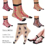 Pack of 4 Ladies Ankle Short Skin or Black Socks Silk & Cotton Lace Ultra-Thin