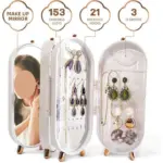 Foldable Jewellery Box Organizers with Mirror Earring Hanging Holder | Earrings Hanger Stand Low Price | New Gift for Girls big size Two sided with lock Glass Earring cupboard tray drawer Plastic Rotating Makeup Cosmetic Neck Lace Lipstick Acrylic - Image 3